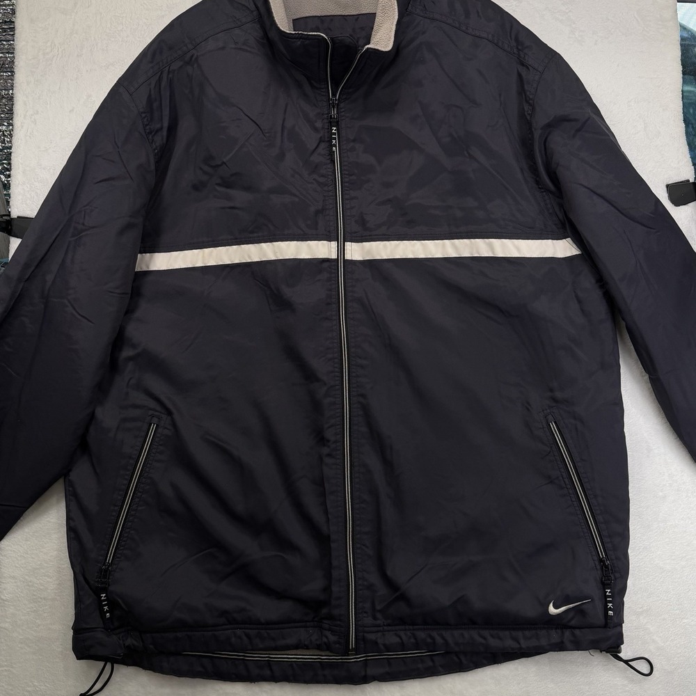 Vtg Nike Windbreaker Jacket Men XL Black White Stripe Full Zip Lined Swoosh